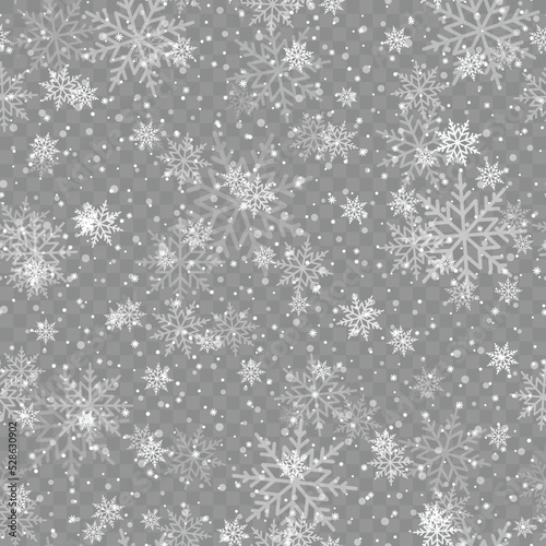 Seamless Xmas or New Year card with falling snowflakes on transparent background. Vector