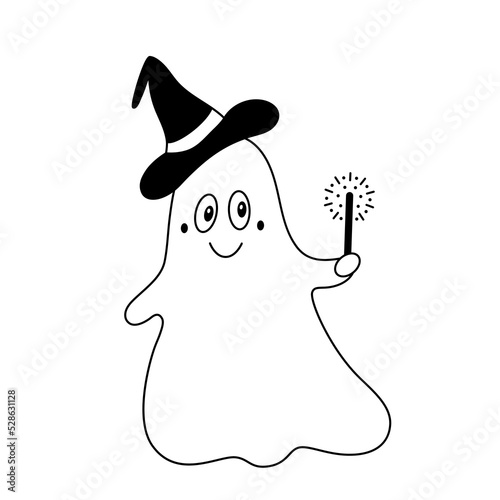 Cute friendly ghost with magic wand and witch cap on head. Doodle style.Childish halloween clipart.Outline.Isolated on white background.