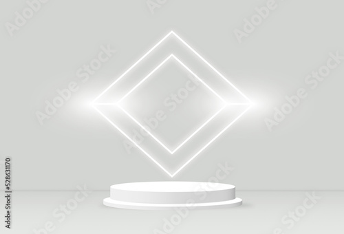 Abstract 3D rendering White base cylinder podium luxury studio with neon light on the wall. Geometric shape object illustration for banner, poster, and wallpaper. Display showcase product.