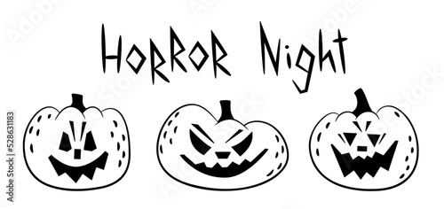 Doodle set of creepy halloween pumpkins and lettering Horror night.Outline.Sketch.Vector design elements for cards,poster,social media template,invitation.Isolated on white background.