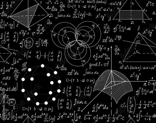 Mathematical handwritten vector seamless backround with physics and math formulas, plots, figures