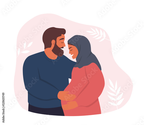 A couple of Muslim men and women, expectant parents expecting a child. Pregnant wife and husband hug. The concept of family, love, motherhood. Vector graphics.