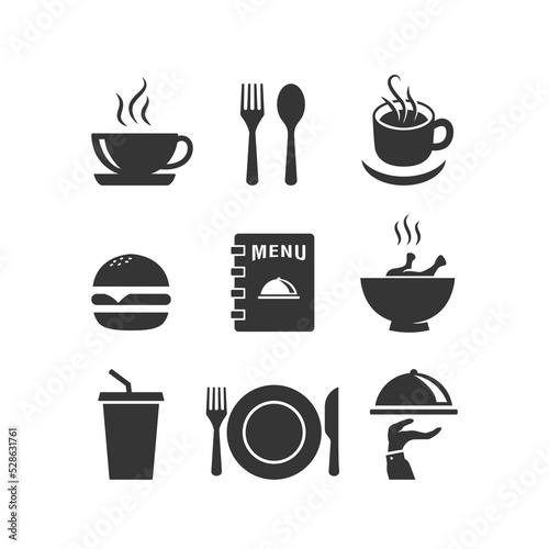 Food and drink icon vector design illustration fit for cafe, restaurant, catering, menu book icon, burger, chicken soup, soda, plate, spoon, fork, mug or cup of coffee icon