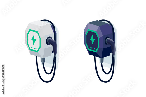 Electric car small home wall charger with cable. Fast smart intelligent wallbox ev charging station. Isolated vector illustration on white background. Power solution for electric battery vehicle.