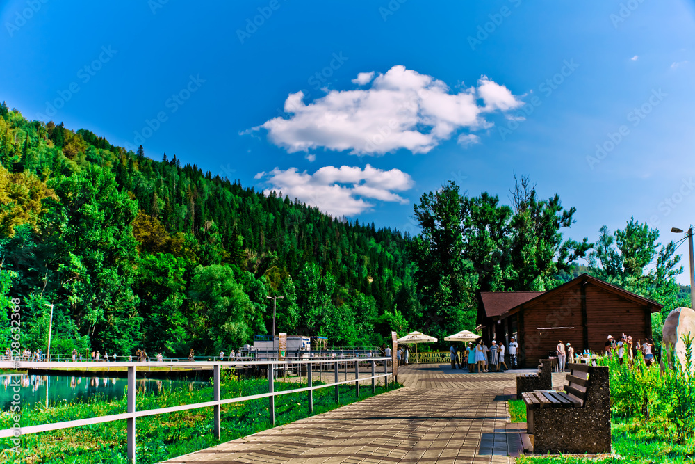 A house on the water. Seascape. Azure water in the lake. Beautiful forest on the background. Blue sky with clouds . green grass. Close-up.