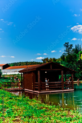 A house on the water. Seascape. Azure water in the lake. Beautiful forest on the background. Blue sky with clouds . green grass. Close-up. © ELENA