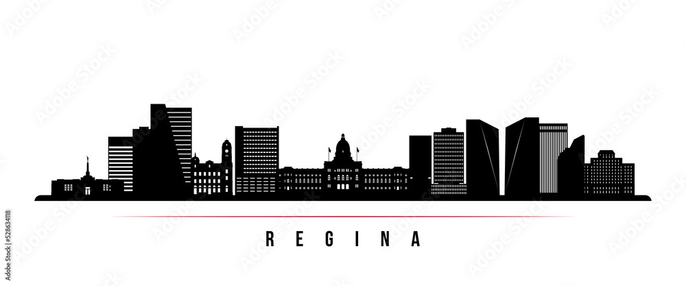 Regina skyline horizontal banner. Black and white silhouette of Regina, Saskatchewan. Vector template for your design.