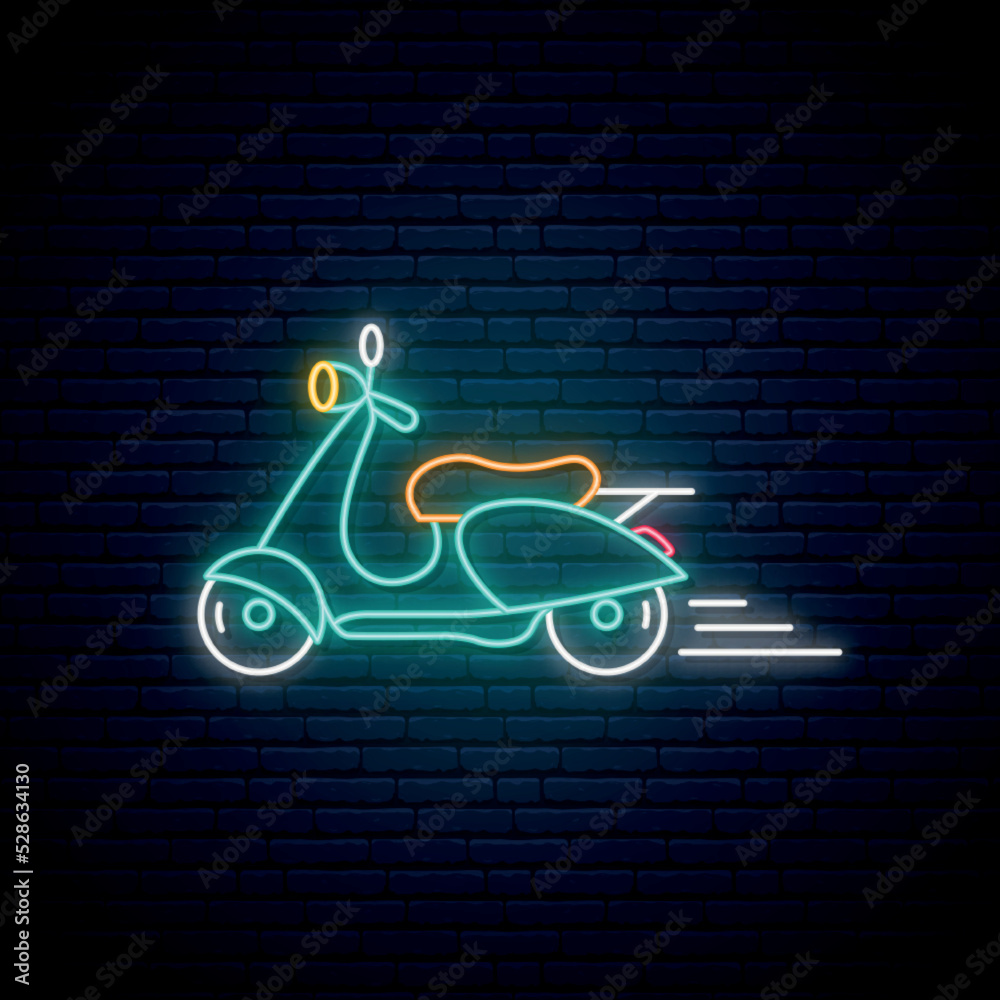 Neon scooter sign. Glowing motorcycle brick wall background. Concept neon design for Fast food delivery bike rent. Vector illustration. Stock Vector | Adobe Stock