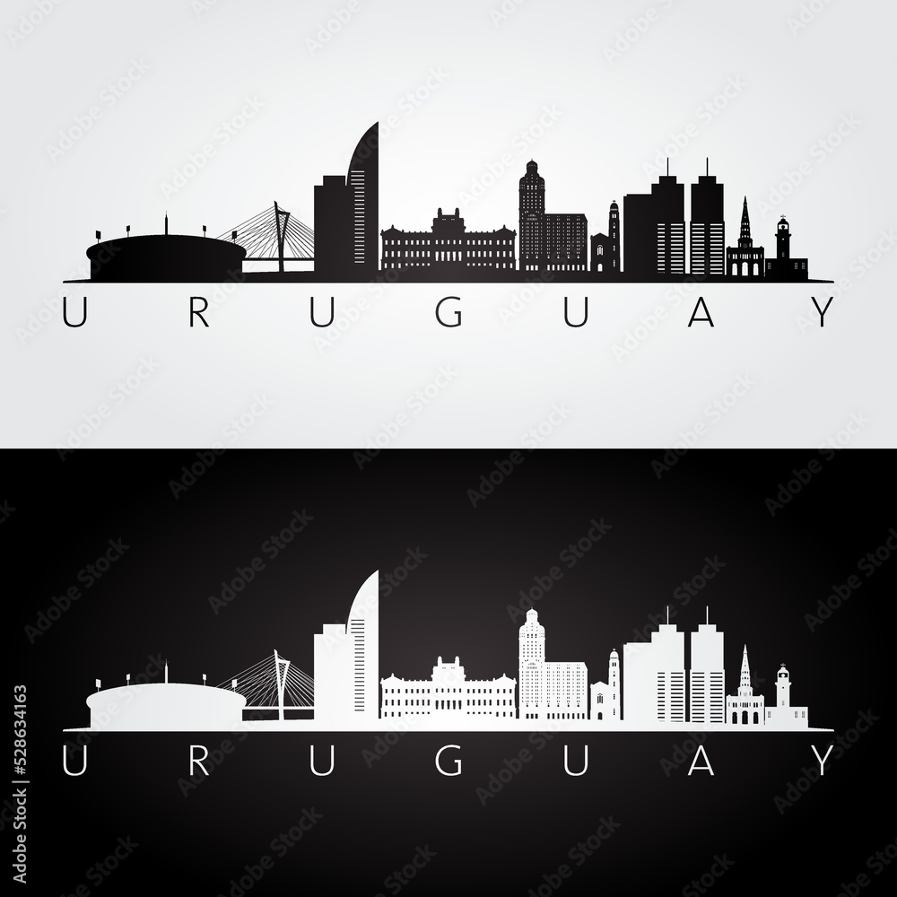 Uruguay skyline and landmarks silhouette, black and white design, vector illustration.