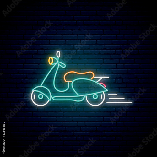 Neon scooter sign. Glowing motorcycle on brick wall background. Concept neon design for Fast food delivery or bike rent. Vector illustration.