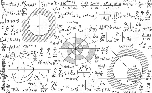Math scientific vector seamless pattern with formulas, calculations and geometrical figures handwritten on a white sheet of paper