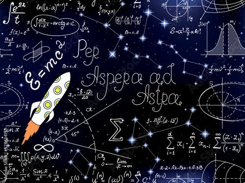 Scientific vector seamless pattern with math formulas, rockets and plots on the starry space background with handwritten words 