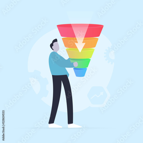 Ecommerce Marketing conversion, consumer-focused purchase or sales funnel concept. Business character marketer holding funnel with flow of purchase money
