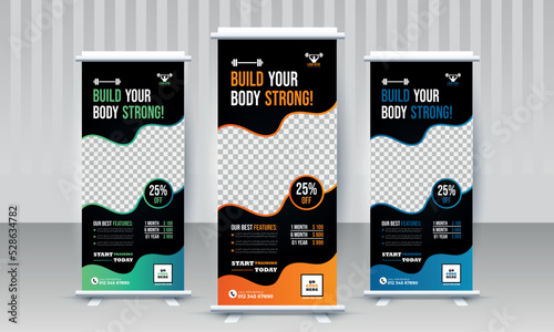 Fitness gym business standee x rollup banner design vector template