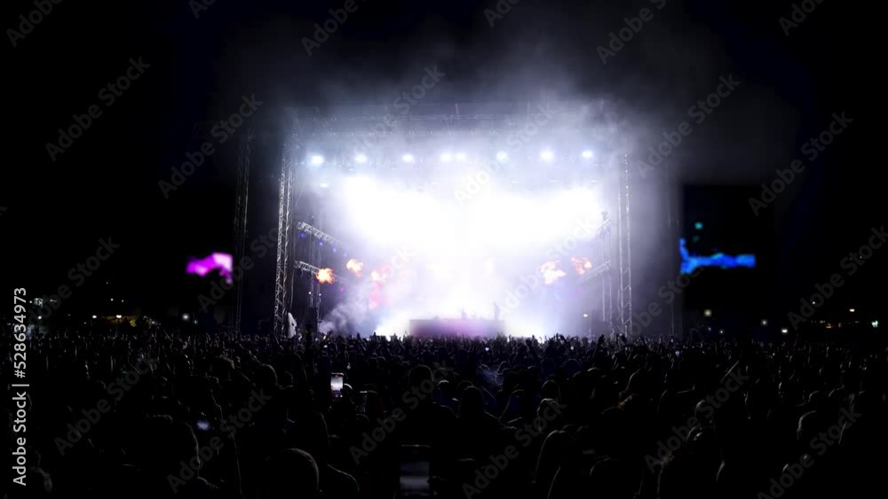 Full view of concert pyrotechnic extravaganza - lasers, strobes, LED, and flames
