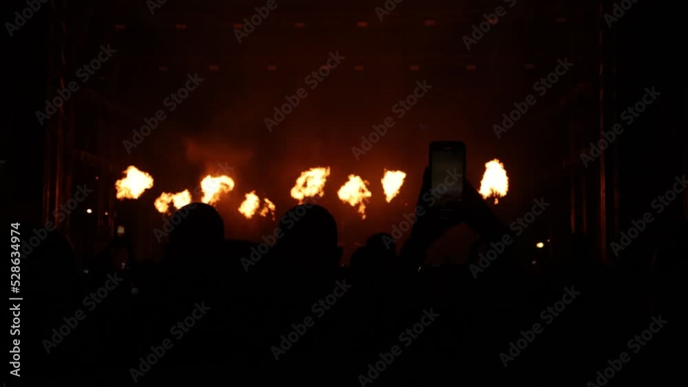 DJ concert pyrotechnic showcase of multiple bursts of flames and flashing lights