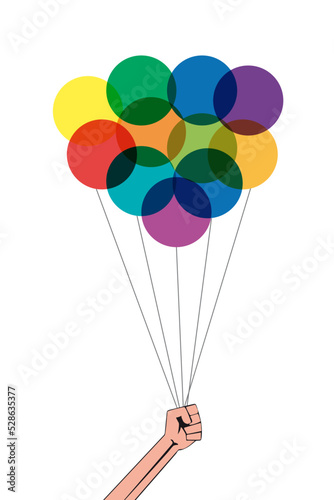 multicolored balloons. hand holding a balloon on a rope. Flat design, vector illustration