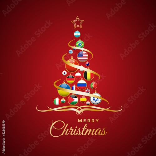 Christmas tree with national flags, world peace without wars. Vector illustration, greeting card.