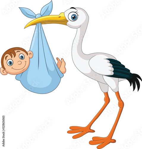 Cartoon stork carrying a newborn