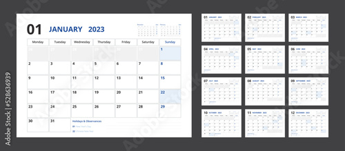 2023 calendar planner set for template corporate design week start on Monday.