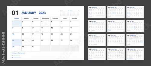 2023 calendar planner set for template corporate design week start on Sunday.