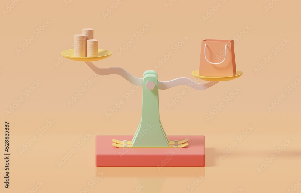 Shopping bag and money coins on weighting scales, inflation reducing purchasing power or currency value concept, 3d render illustration. Shopping bag and money coins on weighting scales, inflation reducing purchasing power or currency value concept, 3d render illustration.