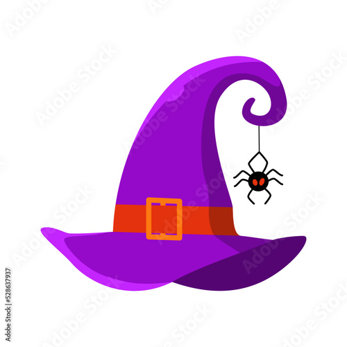 Purple witch hat with buckle and a spider. Decorative element in flat style. Symbol of witchcraft. Traditional halloween element. Vector Illustration isolated on white background.