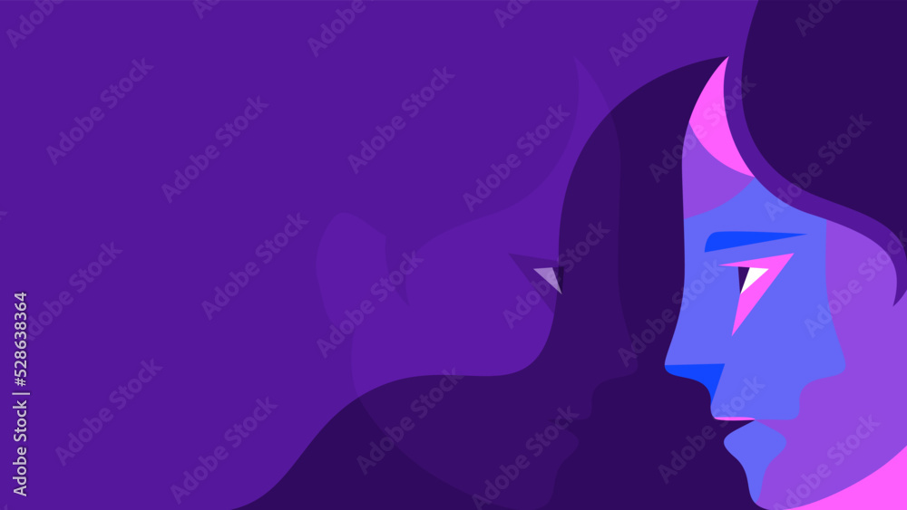 Fond d'écran violet pour page accueil de site web internet, illustration d'un visage de profil fixant son reflet, émotion psychologie soin communication, regard vers soi-même, féminin