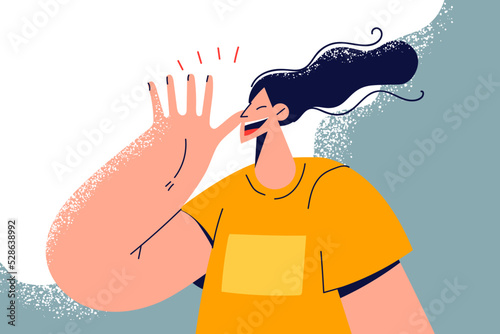 Smiling woman waving with hand 