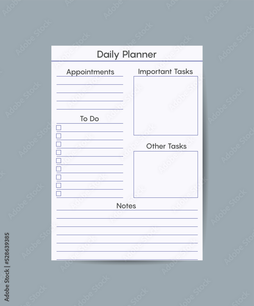Daily planner printable template Vector. Blank white notebook page Letter size. Business organizer schedule page for a day for effective planning. Paper sheet. Vector illustration design Daily planner printable template Vector. Blank white notebook page Letter size. Business organizer schedule page for a day for effective planning. Paper sheet. Vector illustration design