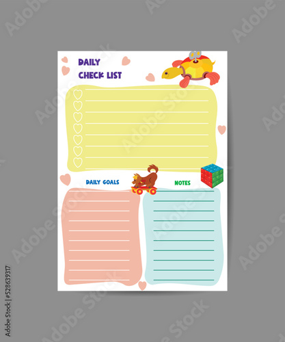 To do planner template. Daily check list. Organizer and schedule with place for Notes. Vector illustration with kids elements. Cute and trendy