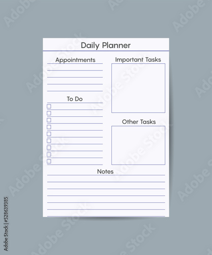 Daily planner printable template Vector. Blank white notebook page Letter size. Business organizer schedule page for a day for effective planning. Paper sheet. Vector illustration design