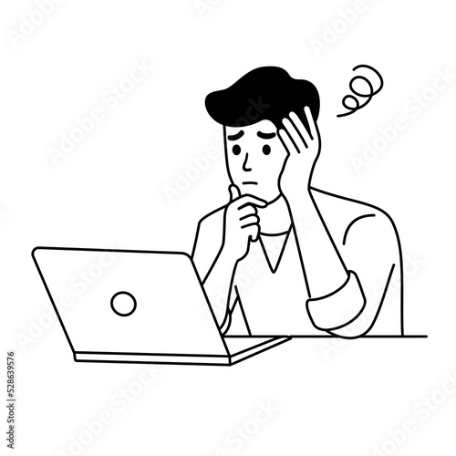 Young man fatigue and stress from work. Concept for burn out and depression emotional feeling from working and study. Outline vector illustration.