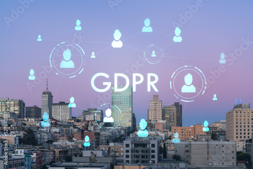 Panoramic cityscape view of San Francisco Nob hill area, sunset, midtown skyline, California, United States. GDPR hologram, concept of data protection regulation and privacy for all individuals