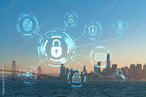 City view, Bay Bridge and San Francisco Skyline Panorama from Treasure Island, sunset, California, United States. The concept of cyber security to protect confidential information, padlock hologram