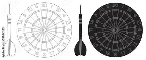 Layered editable vector illustration outline of dart and dartboard.