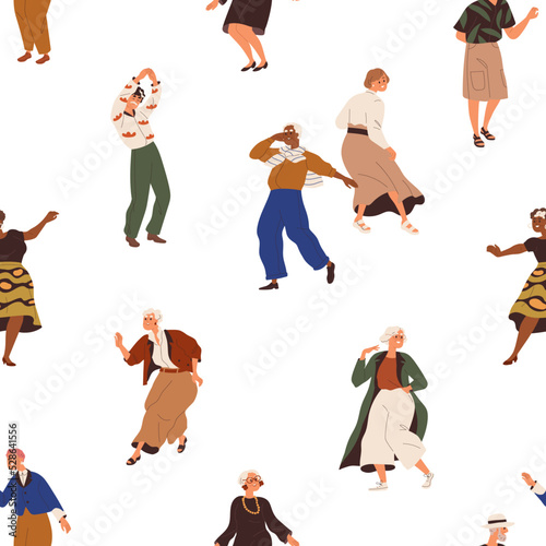 Old people at dance party pattern. Seamless background design with senior men  women dancing to music. Elderly characters repeating print  endless texture for decor. Flat graphic vector illustration