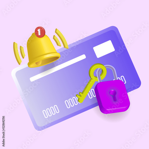 3D vector illustration, credit card with key and padlock,
 secure payment, secure credit card transaction.