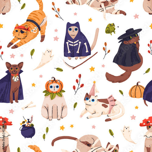 Cute Halloween pattern with funny cats in dracula, vampire costumes. Seamless...