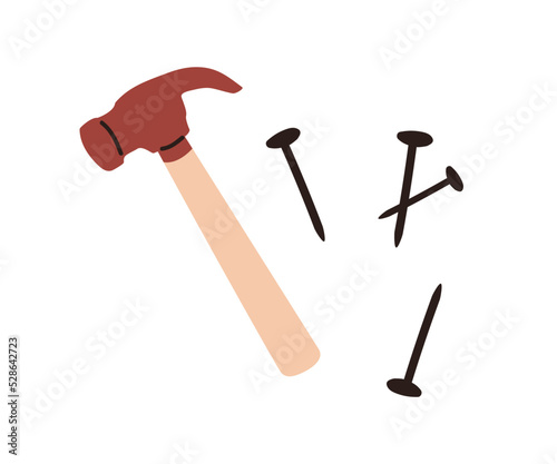 Hammer and nails, carpenters tools for wood work, repair, carpentry. Instruments, manual equipment for building. Flat vector illustration isolated on white background