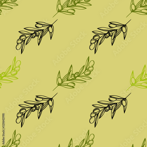 Seamless vector pattern with abstract, stylized olive branches. Texture for packaging of olive oil, pickled olives, labels. Botanical illustration, plant
