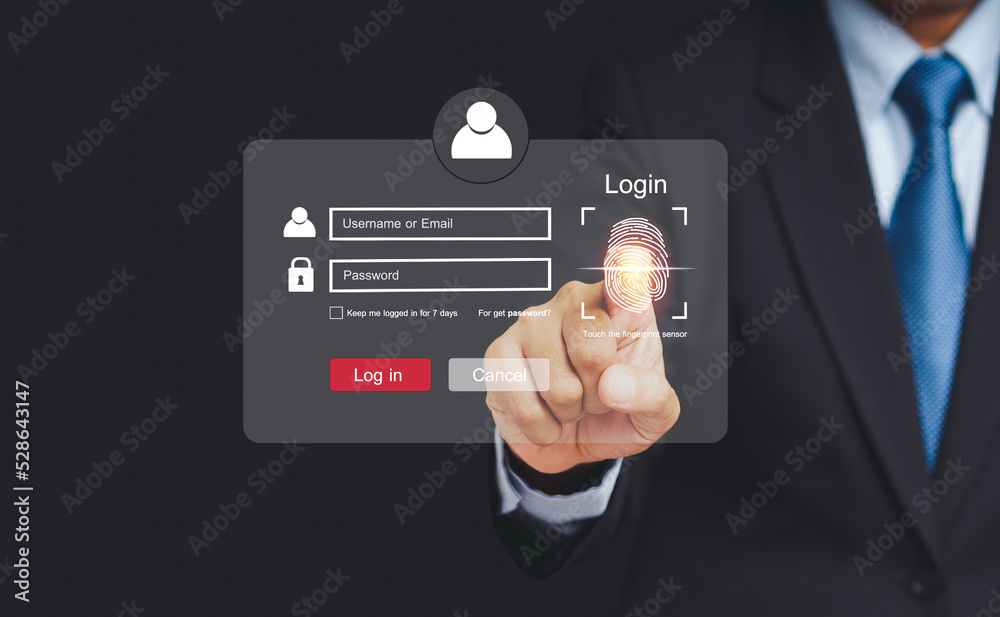 Close-up of hand scan fingerprint biometric identity to access personal data in the computer. Close-up of hand scan fingerprint biometric identity to access personal data in the computer.