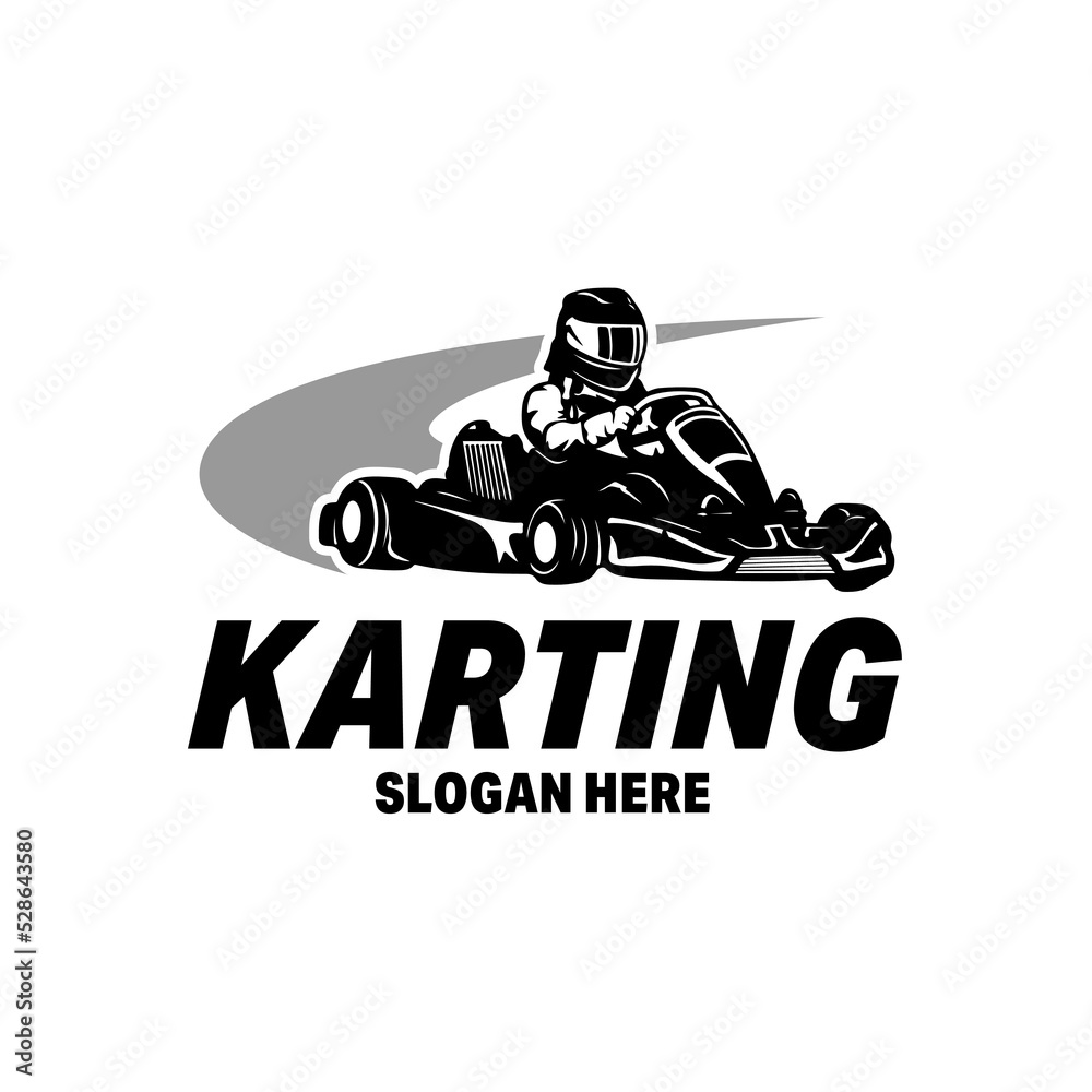 Kart Racing Emblems Logo Vector illustration. Kart racer with helmet logo design template - obrazy, fototapety, plakaty 