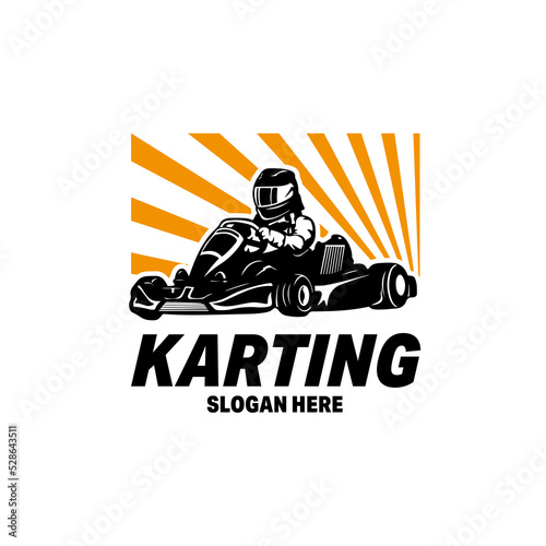 Kart Racing Emblems Logo Vector illustration. Kart racer with helmet logo design template