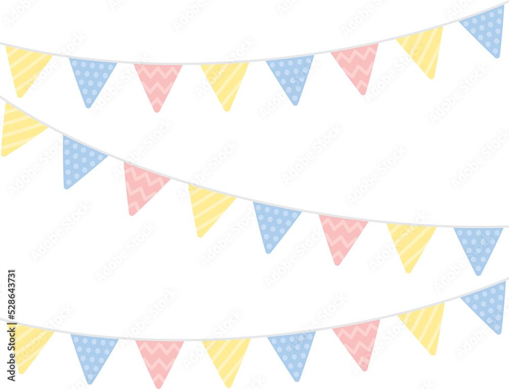 Cute pastel colored triangle party bunting. Baby and kids party decoration. Flat design illustration.	