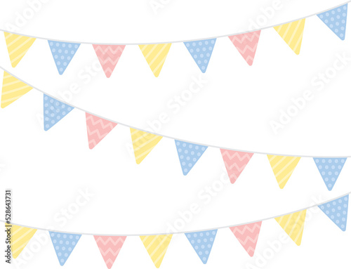 Cute pastel colored triangle party bunting. Baby and kids party decoration. Flat design illustration. 