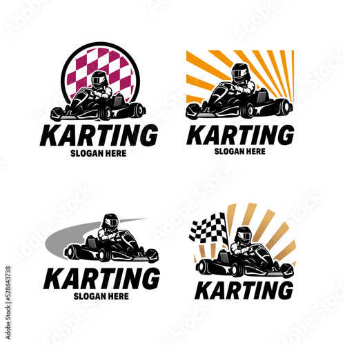 Kart Racing Emblems Logo Vector illustration. Kart racer with helmet logo design template