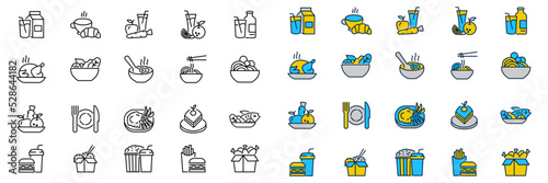Set of food related vector icons. Vector illustrations of juices, milk, soups, burgers, chickens and more with editable black lines and flat colors.