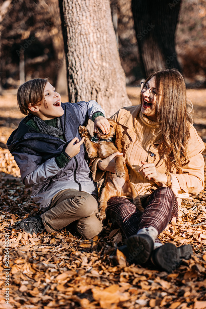Autumn walks with dog. Happy family mother and teen boy son having fun with cute cocker spaniel puppy in autumn park Autumn walks with dog. Happy family mother and teen boy son having fun with cute cocker spaniel puppy in autumn park