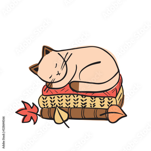 The cat sleeps on clothes. Autumn cozy vector illustration. Icon for the design.